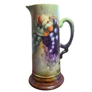 Antique Jean Pouyat Limoges Porcelain Hand-Painted Tankard Pitcher Grapes Vines